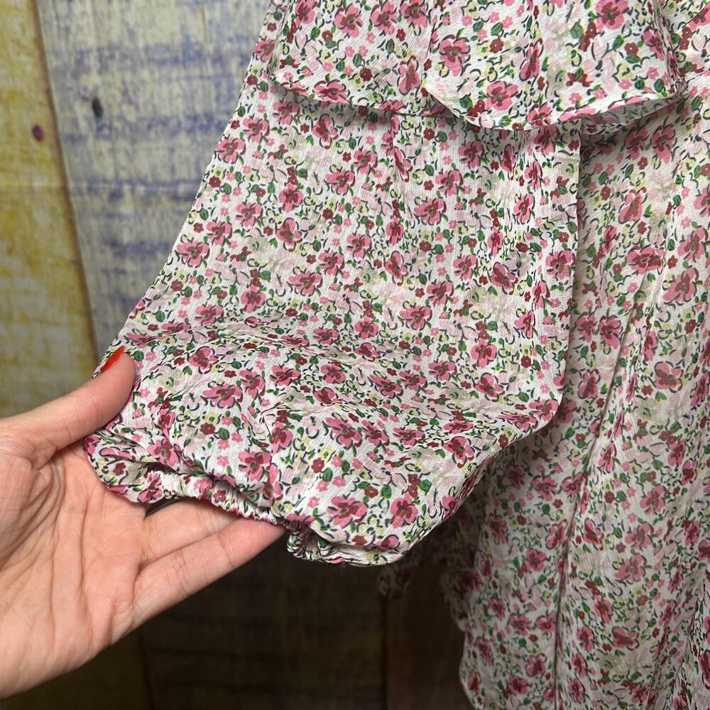 M/L Floral Print Long Sleeve Eyelet Ruffled Mini Tie Waist Dress - Picture 6 of 7